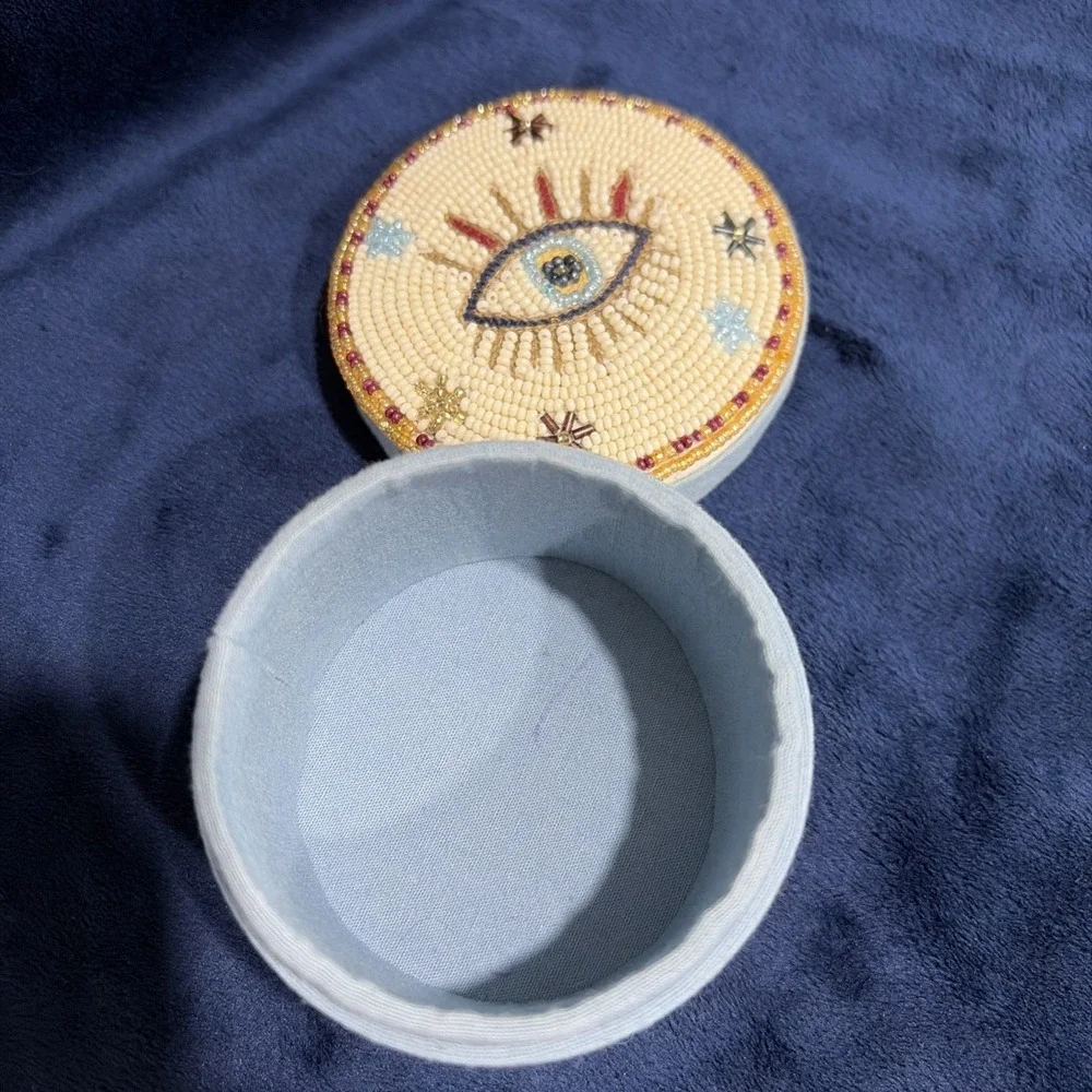 Anthropologie Beaded Fortune Lidded Jewelry Trinket Box Evil Eye